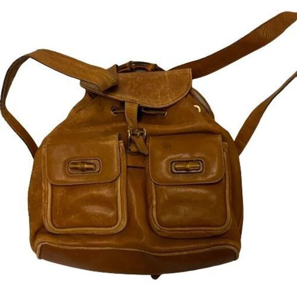 Authentic Gucci Brown Leather Bamboo Accent Mini Backpack / Large Purse *FLAWS* - Picture 1 of 12